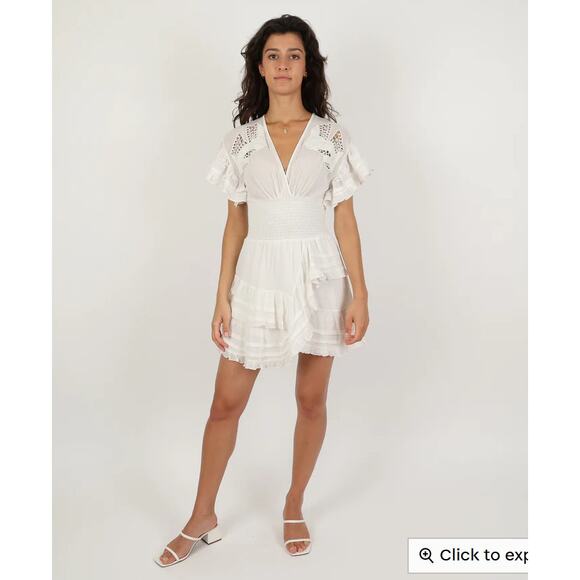 Iro Dress 6 Mapple Smocked Ruffle Mini Lace White Boho Chic Feminine Flowy - Picture 2 of 13